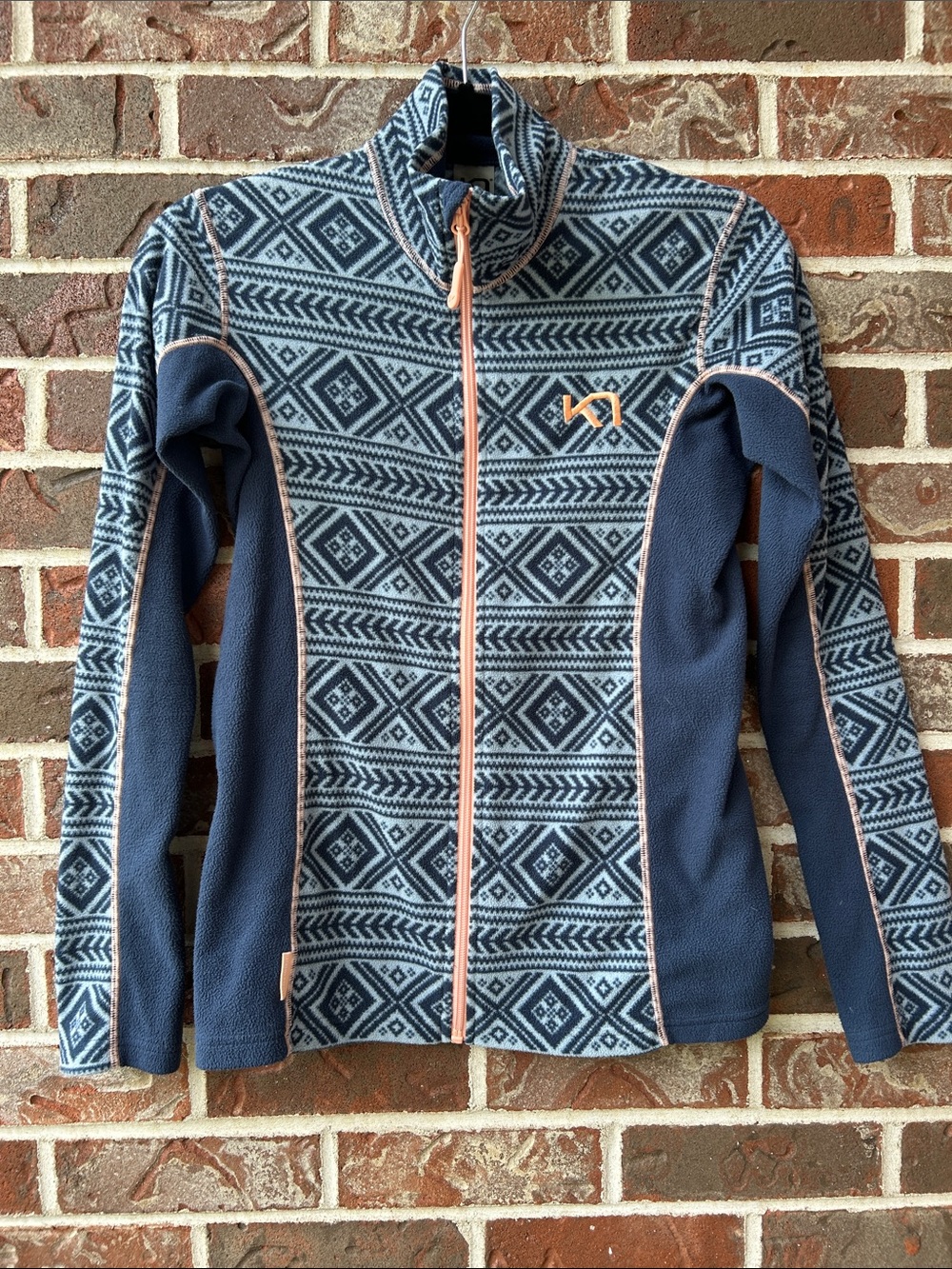 Kari Traa Navy and Light Blue Patterned Zip-Up Fleece Jacket with Peach Trim